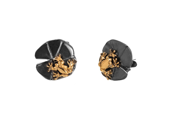 Aretes Nenúfar y Rana de Rodio Negro - ELENA LÓPEZ JOYERÍA