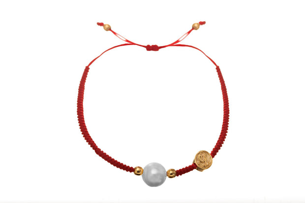 Pulsera Tejida en Rojo con Perla Oro - ELENA LÓPEZ JOYERÍA