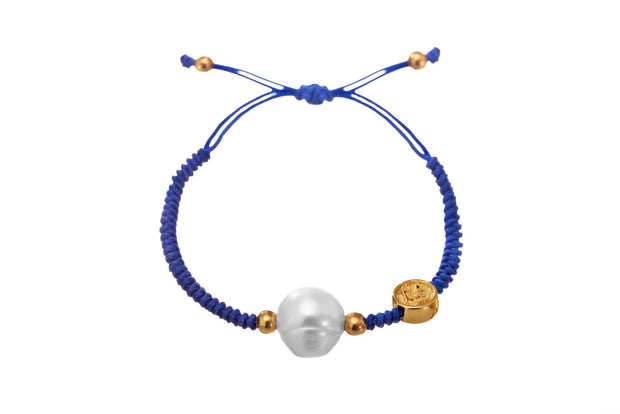 Pulsera Tejida en Azul con Perla Oro - ELENA LÓPEZ JOYERÍA