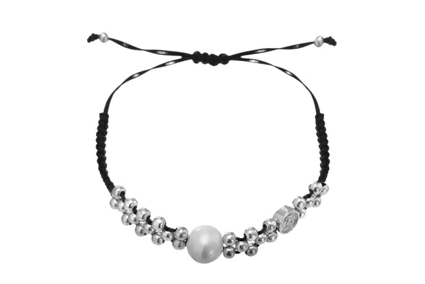 Pulsera en Negro con Balín y Perla de Rodio Blanco - ELENA LÓPEZ JOYERÍA