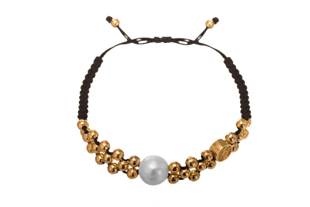Pulsera en Negro con Balín y Perla Oro - ELENA LÓPEZ JOYERÍA