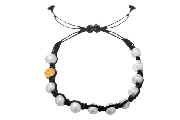 Pulsera Piel Negra y Perlas Oro - ELENA LÓPEZ JOYERÍA