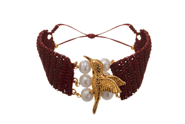 Pulsera Tejida Colibrí y Perlas Oro - ELENA LÓPEZ JOYERÍA