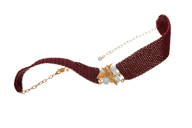 Gargantilla Tejida Colibrí y Perlas Oro - ELENA LÓPEZ JOYERÍA