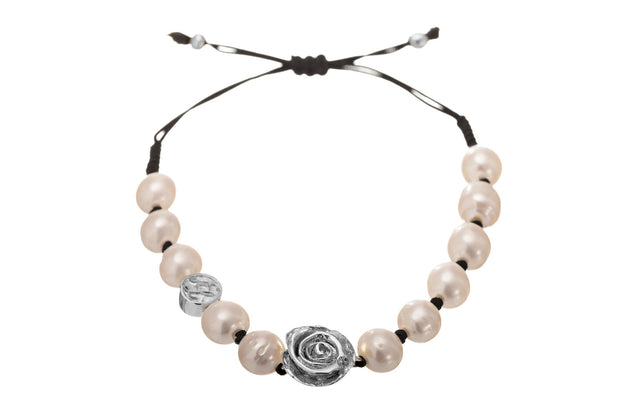 Pulsera Perla y Rosa de Rodio Blanco - ELENA LÓPEZ JOYERÍA