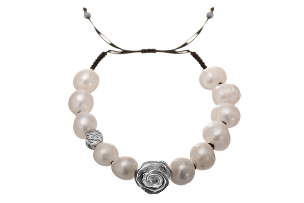Pulsera Perla y Rosa Barrenada de Rodio Blanco - ELENA LÓPEZ JOYERÍA