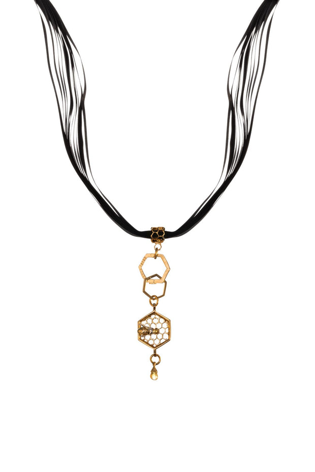 Collar Colmena con Hexágonos y Listón Oro - ELENA LÓPEZ JOYERÍA