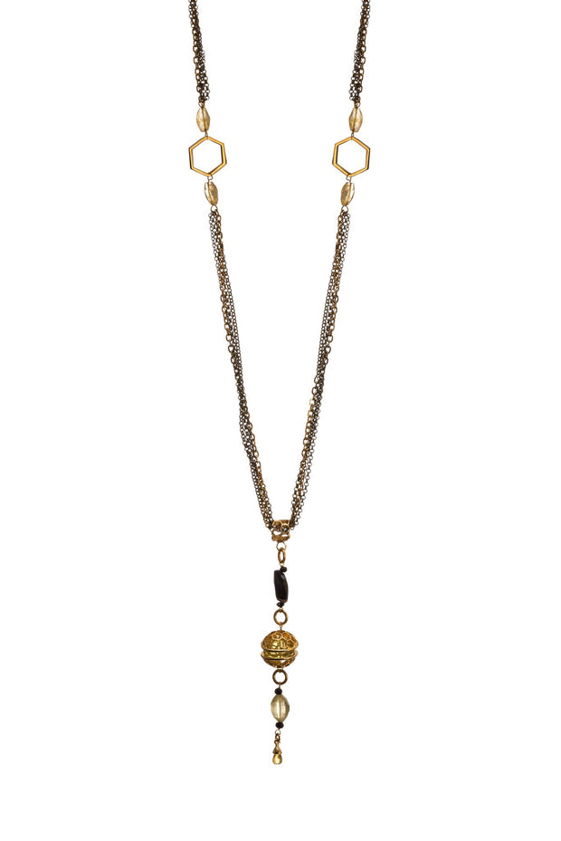Collar Esfera Colmena con Citrinas y Ónix Oro - ELENA LÓPEZ JOYERÍA