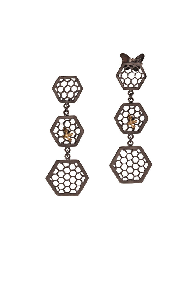 Aretes Tres Hexágonos con Abejade Rodio Negro - ELENA LÓPEZ JOYERÍA