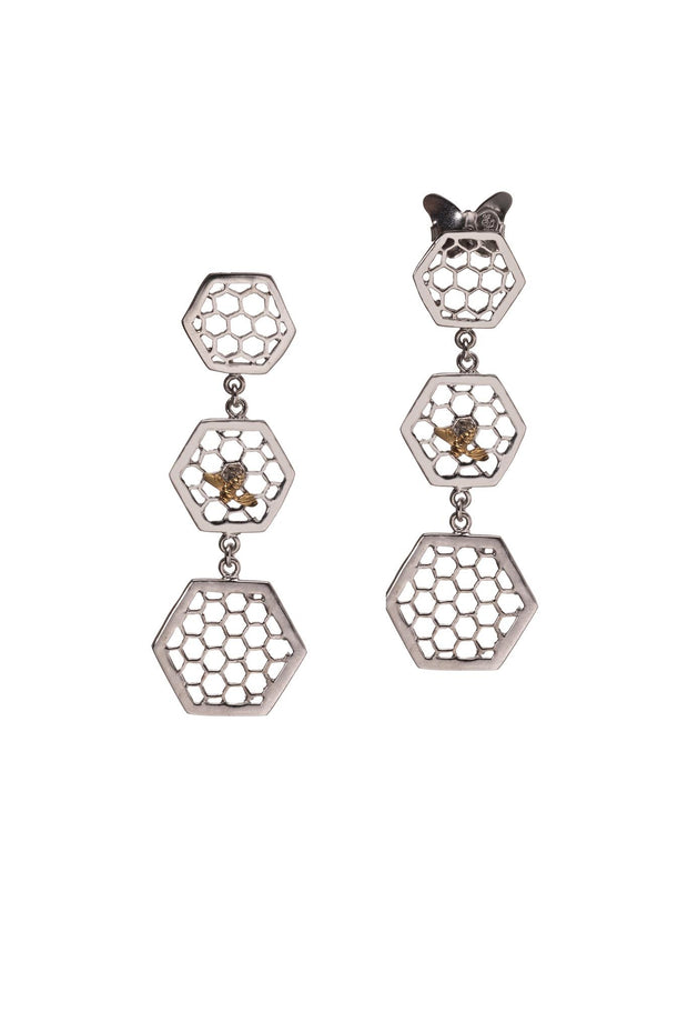 Aretes Tres Hexágonos con Abeja de Rodio Blanco - ELENA LÓPEZ JOYERÍA