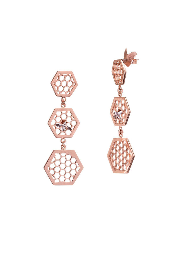 Aretes 3 Hexágonos con Abeja Oro Rosa - ELENA LÓPEZ JOYERÍA