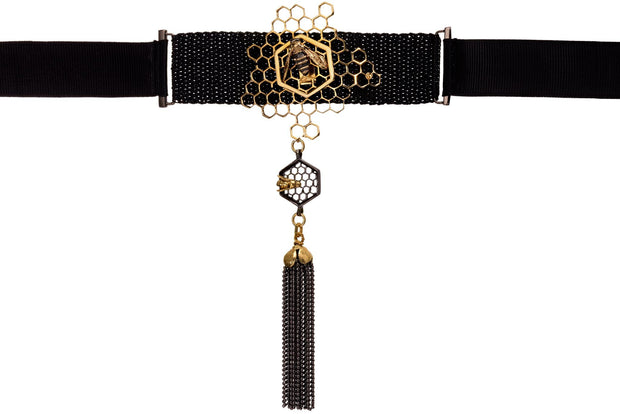 Gargantilla de Gancho con Panal, Listón Abeja Reyna y Mota Oro - ELENA LÓPEZ JOYERÍA