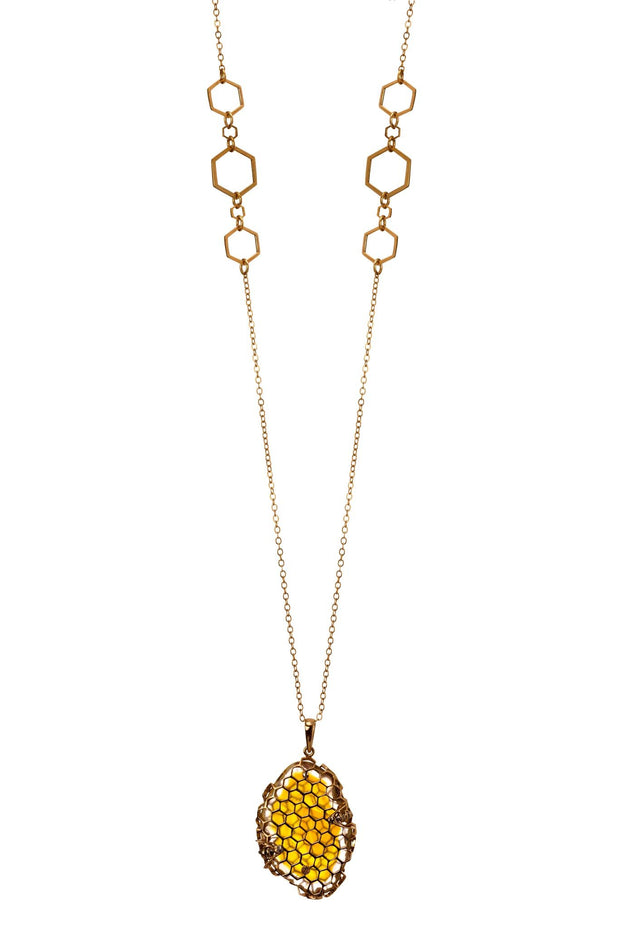 Collar Piedra Panal Abejita con Hexágonos Oro - ELENA LÓPEZ JOYERÍA