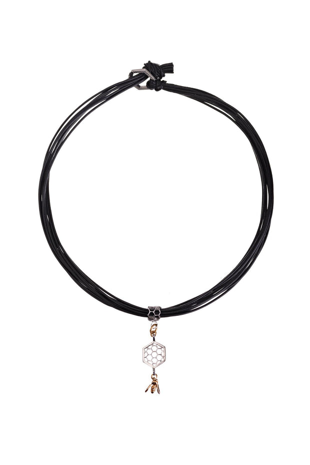 Collar 6 Hilos Piel Cilindro y Hexágonos Panal con Abeja Oro - ELENA LÓPEZ JOYERÍA