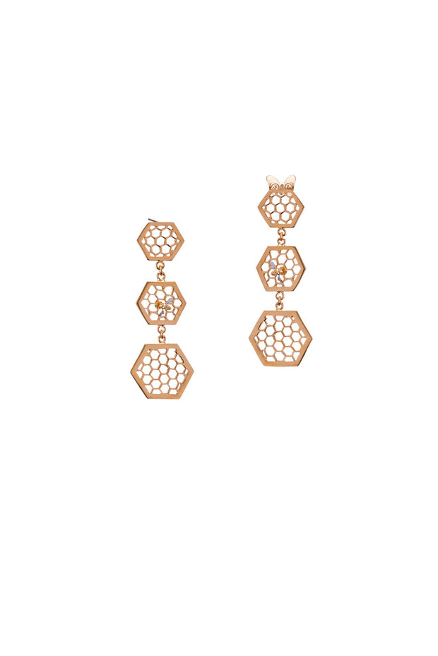 Aretes 3 Hexágonos con Abeja Oro - ELENA LÓPEZ JOYERÍA