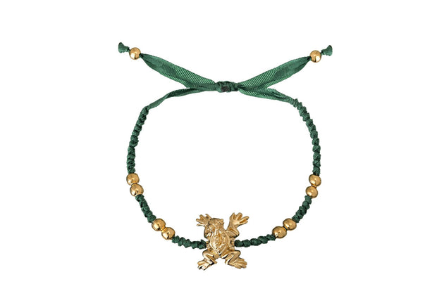 Pulsera Balin con Rana Listón Verde Oro - ELENA LÓPEZ JOYERÍA