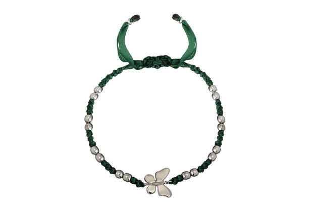 Pulsera Tejida Listón Verde Mariposa Lisa con Balín Blanco de Rodio Blanco - ELENA LÓPEZ JOYERÍA