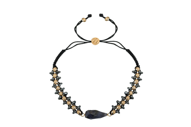 Pulsera Hematita con Balín Cruzado y Piedra Oro - ELENA LÓPEZ JOYERÍA