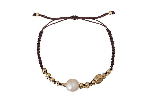 Pulsera Tejida Perla Balín Cruzado Oro Café Oro - ELENA LÓPEZ JOYERÍA