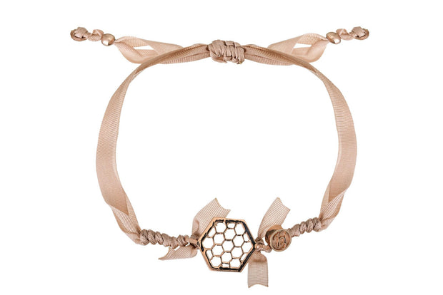 Pulsera Hexagono Panal Rosa con Listón Oro Rosa - ELENA LÓPEZ JOYERÍA