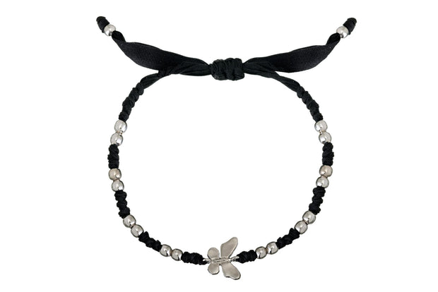 Pulsera Tejida Listón Negro Mariposa Lisa con Balín de Rodio Blanco - ELENA LÓPEZ JOYERÍA