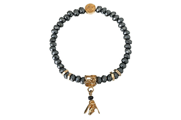 Pulsera Hematita Cilindro Panal com Abejita Oro - ELENA LÓPEZ JOYERÍA