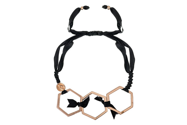 Pulsera 3 Hexagonos con Listón Negro Oro Rosa - ELENA LÓPEZ JOYERÍA