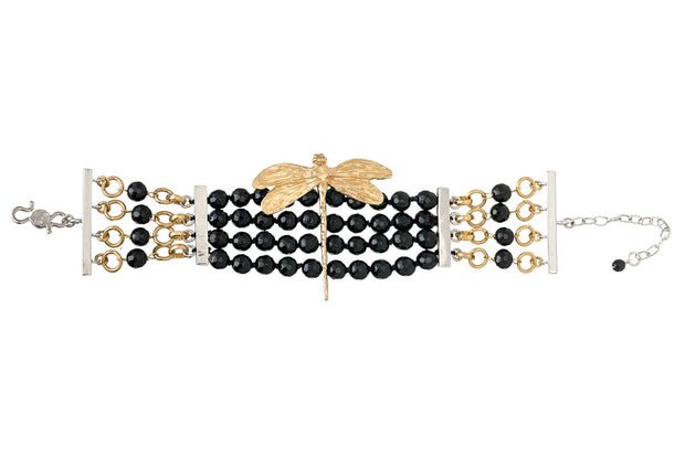 Pulsera 4 Hilos 4 H Libelula Onix Liabelula de Rodio Blanco - ELENA LÓPEZ JOYERÍA