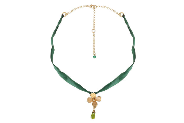 Gargantilla con Listón Verde Hortensia Piedra en Gota Oro - ELENA LÓPEZ JOYERÍA