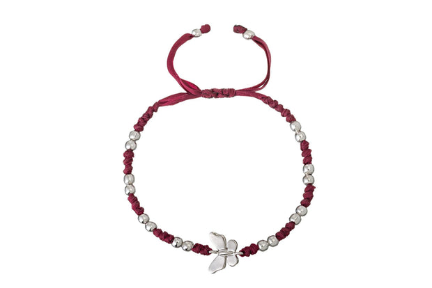 Pulsera Tejida Listón Vino Mariposa Lisa con Balín Blanco de Rodio Blanco - ELENA LÓPEZ JOYERÍA