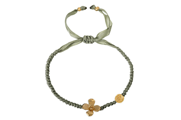 Pulsera Téjida Listón Verde Seco Hortensia Oro - ELENA LÓPEZ JOYERÍA