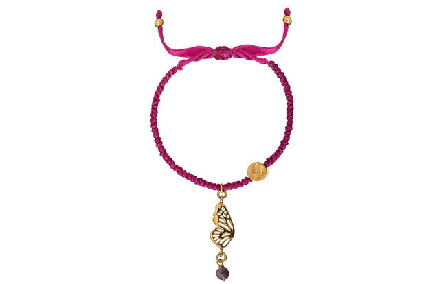 Pulsera Téjida Listón Ala Monarca con Piedra Rosa Fuisha Oro - ELENA LÓPEZ JOYERÍA