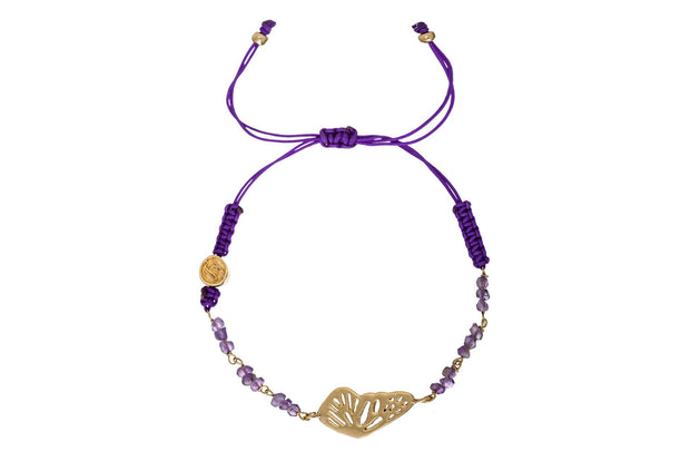 Pulsera Téjida Listón Ala Monarca con Piedra Morada Oro - ELENA LÓPEZ JOYERÍA