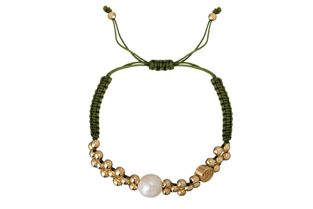Pulsera Tejida Perla Balín Cruzado Oro Verde Seco Oro - ELENA LÓPEZ JOYERÍA