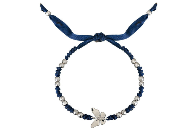 Pulsera Tejida Listón Azul Marino Mariposa Lisa con Balín Rodio Blanco - ELENA LÓPEZ JOYERÍA