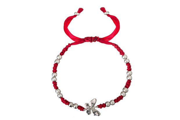 Pulsera Tejida Listón Roja Mariposa Lisa con Balín Rodio Blanco - ELENA LÓPEZ JOYERÍA