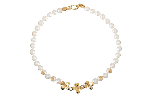 Collar de Perlas con 3 Hortensias Mini Oro - ELENA LÓPEZ JOYERÍA