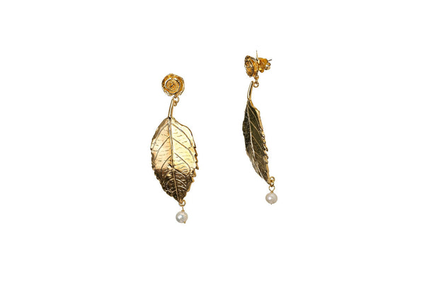 Aretes con Hoja y Rosa Oro - ELENA LÓPEZ JOYERÍA